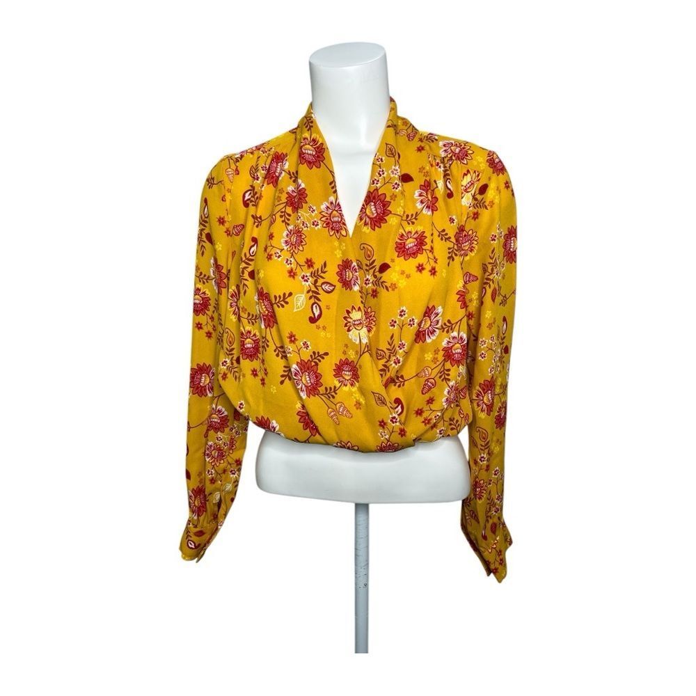 PROJECT 28 NYC Yellow Floral Print Faux Wrap Top S Small Mustard NWT